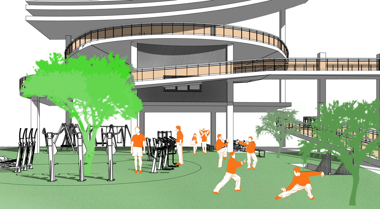 Outdoor fitness courtyard with spiral ramp