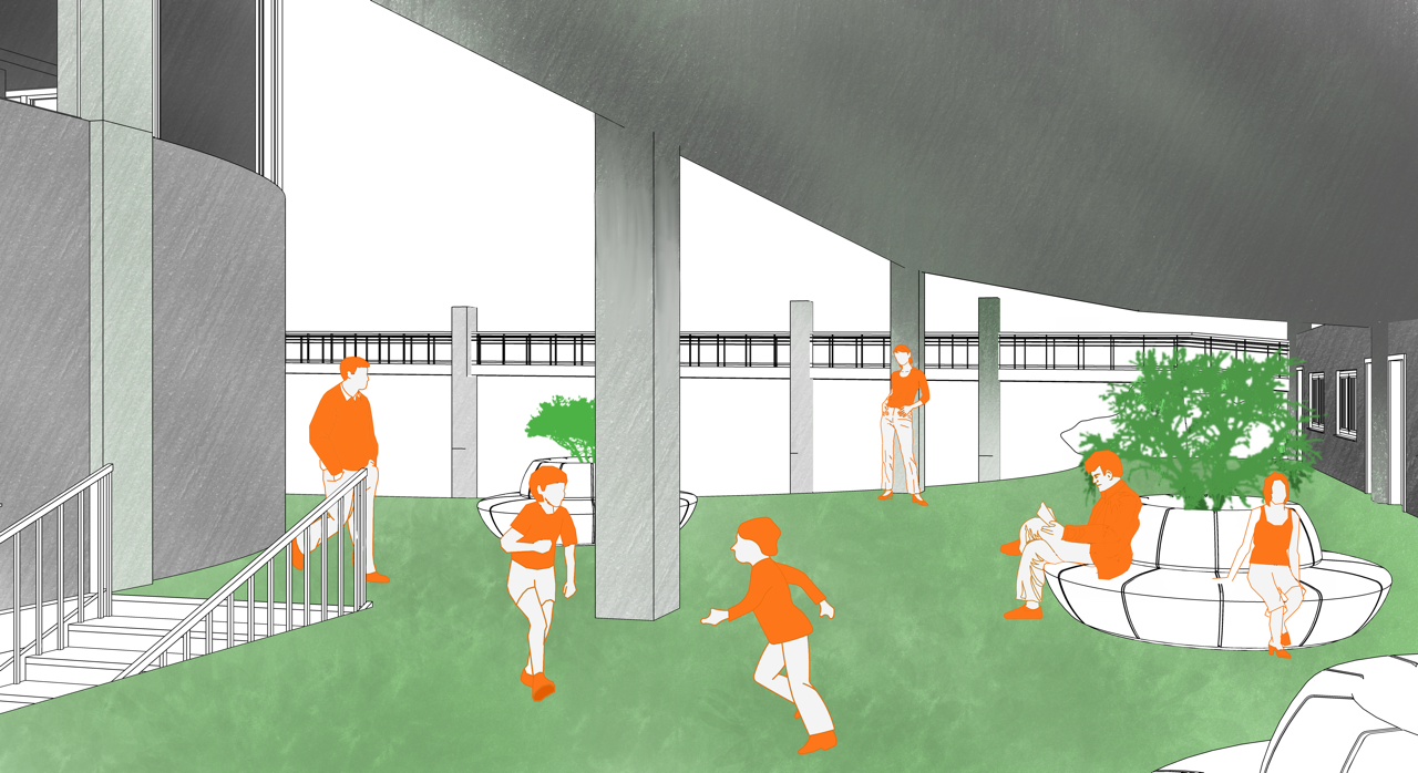 Ground level undercroft and green space